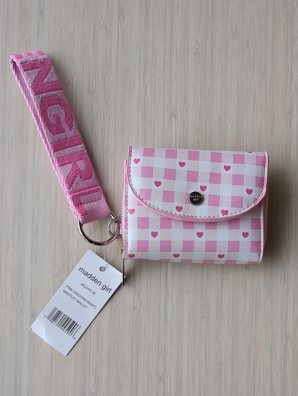 Madden Girl Pink Gingham Heart Wristlet Wallet with Strap